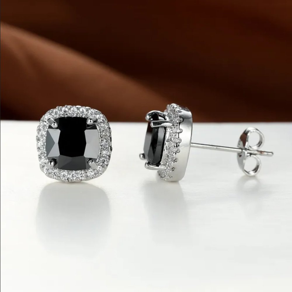 Solid 925 Silver 2ct Black Diamond Square Womens Stud Earrings Studs Jewelry ct
